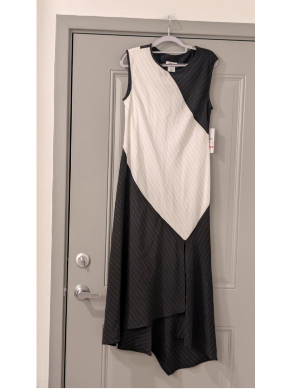 DKNY Black Ivory Pinstripe Colorblock Asymmetrical Midi Dress Size 6 NWT
